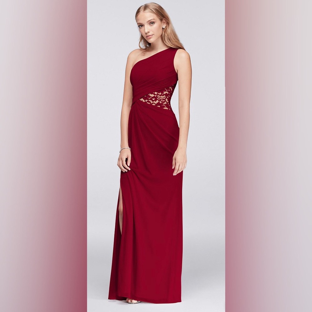 David’s Bridal one shoulder mesh dress with Lace inset